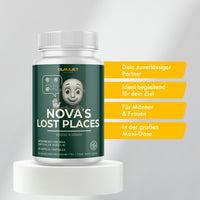 Thumbnail for Grüne Kapseldose mit Figur und Text NOVA’S LOST PLACES links neben vier gelben Infofeldern