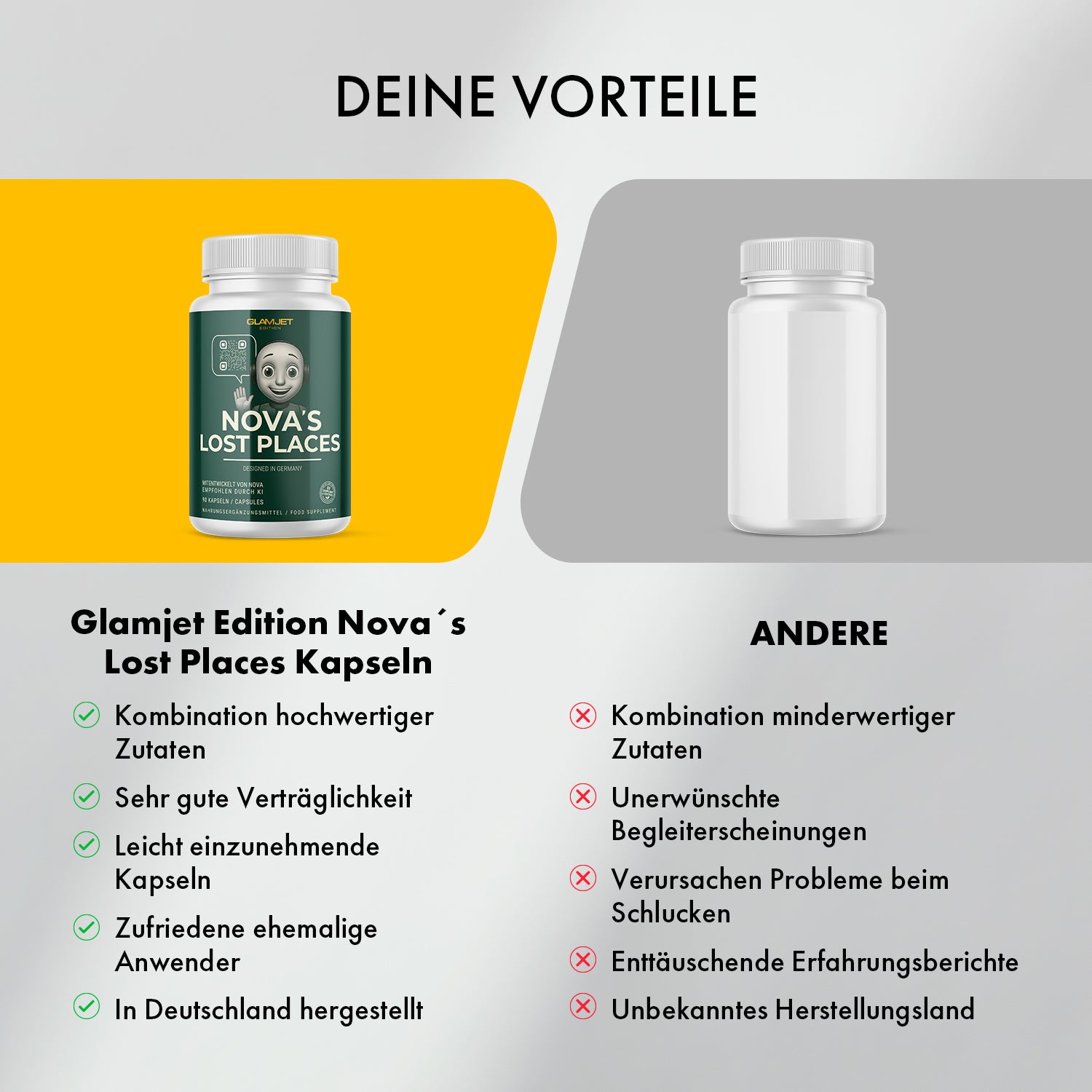 Vergleich zweier Dosen mit Text, links grüne Dose Nova’s Lost Places, rechts weiße Dose
