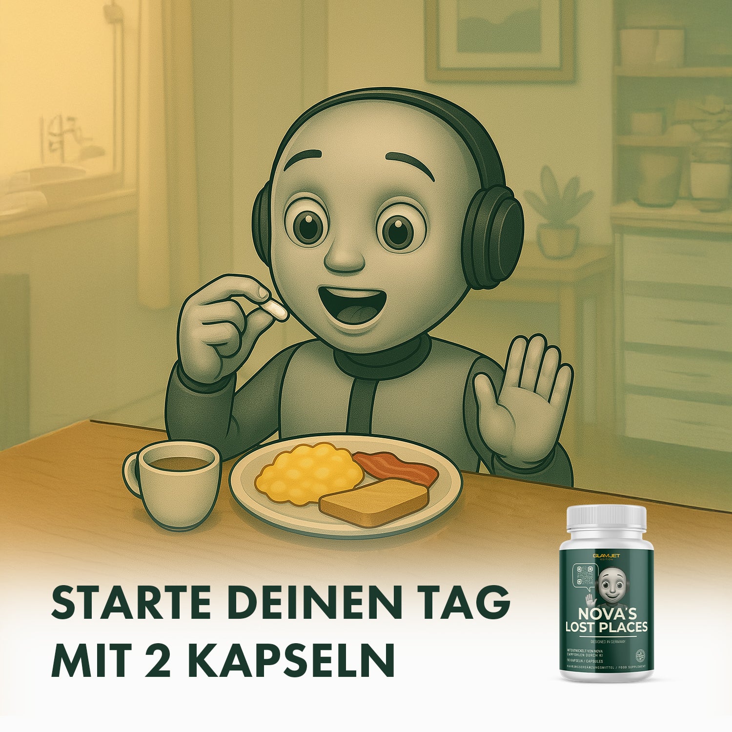 Gezeichnete Figur mit Kapsel vor Frühstücksteller und Nova's Lost Places Dose am Bildrand