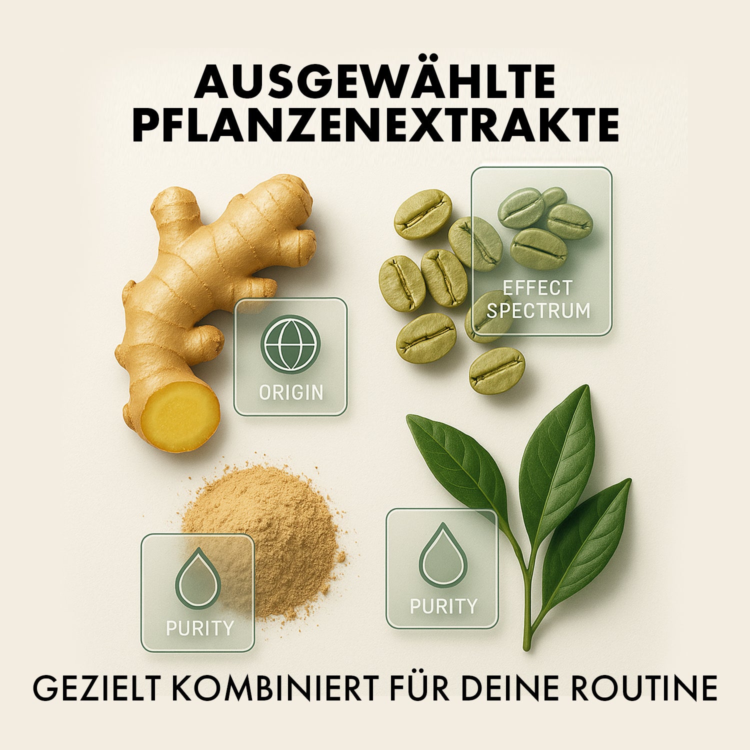 Vier pflanzliche Zutaten nebeneinander: Wurzel, Samen, Pulver und Blätter vor heller Fläche