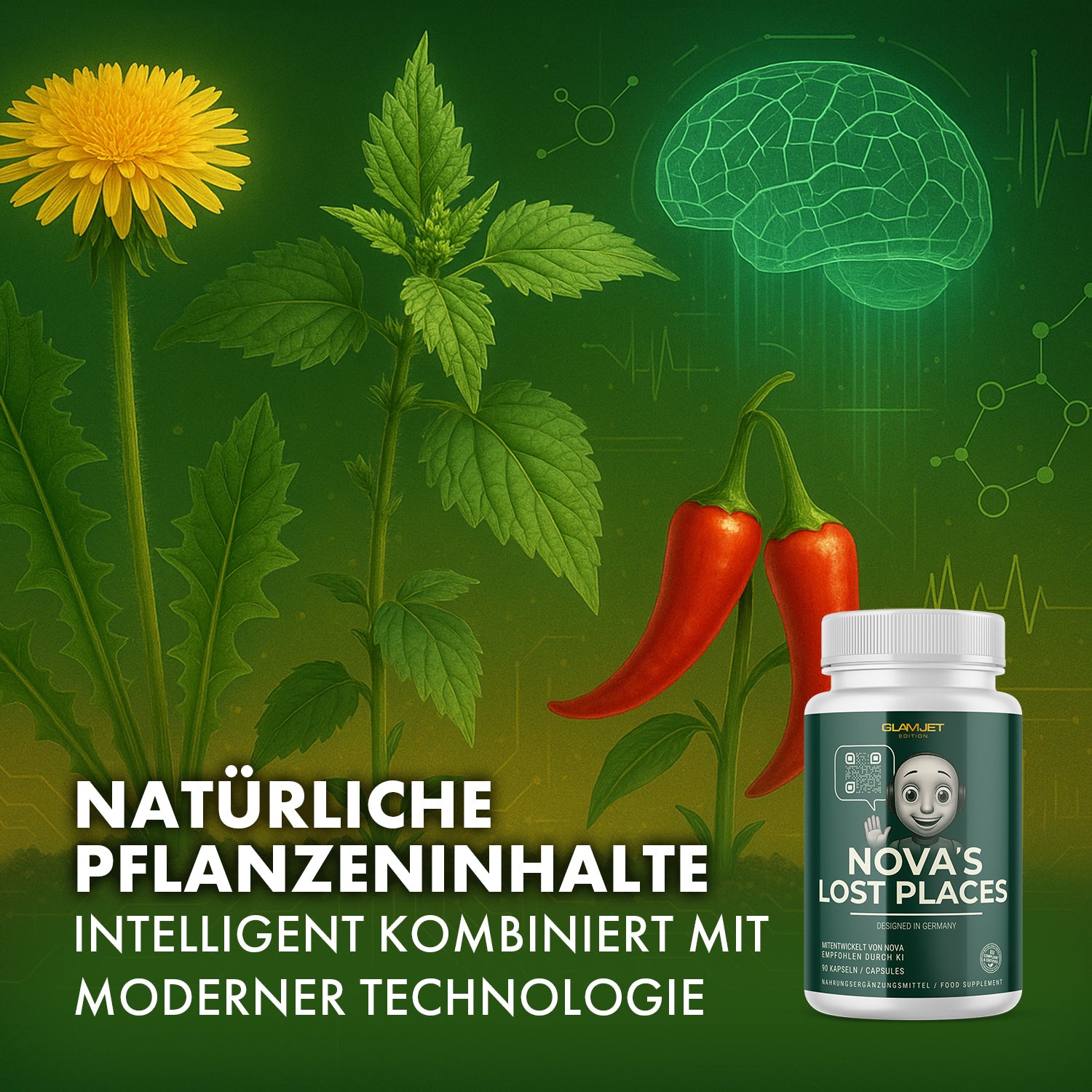 Stilisiert gezeigte grüne Pflanzen mit roten Früchten und Dose NOVA’S LOST PLACES vorne rechts