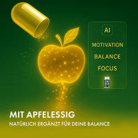 Thumbnail for Grafisch dargestellte gelbe Kapsel und leuchtender Apfel mit Schrift MIT APFELESSIG auf Grün