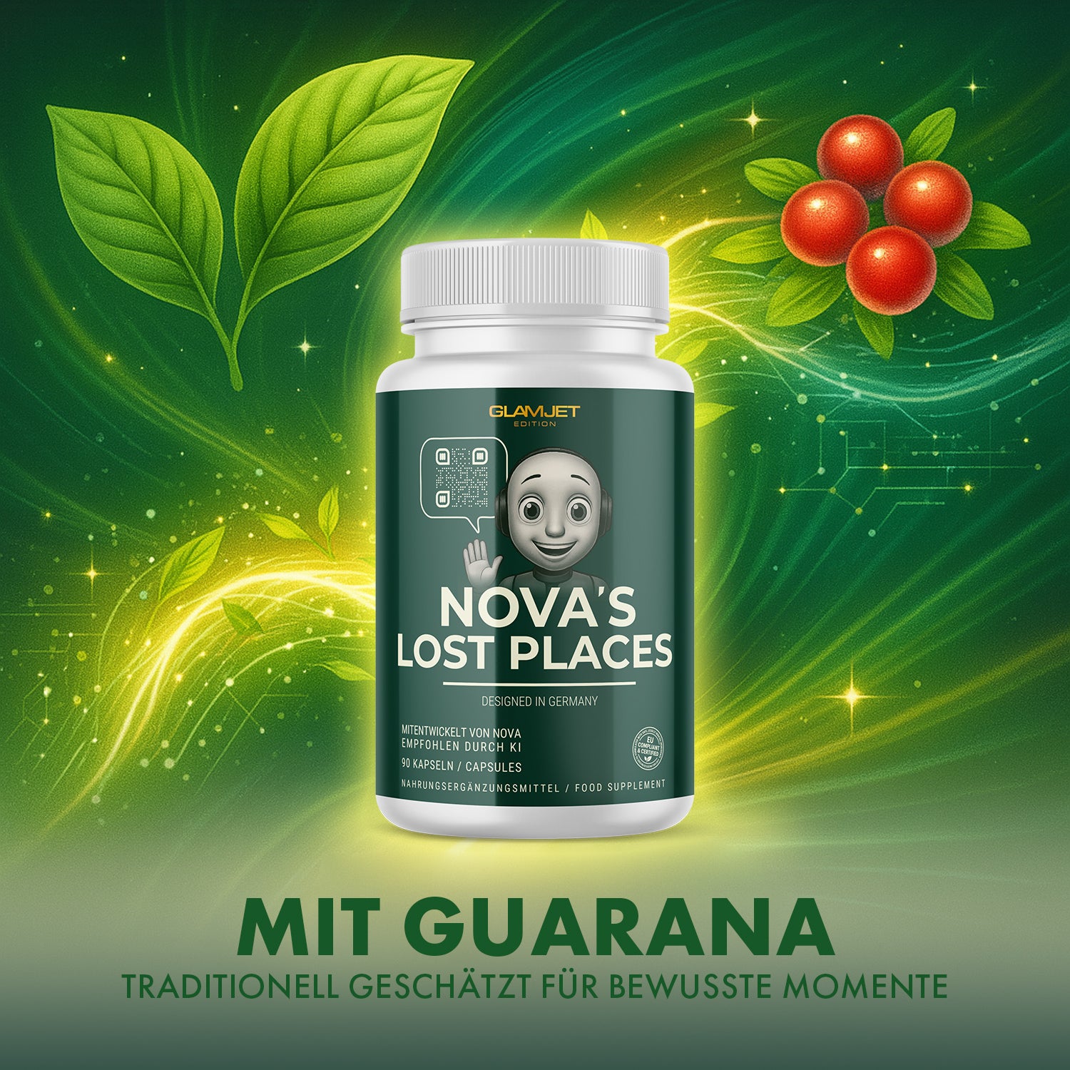 Dose NOVA’S LOST PLACES vor grünen Blättern mit roten Beeren und Schrift MIT GUARANA