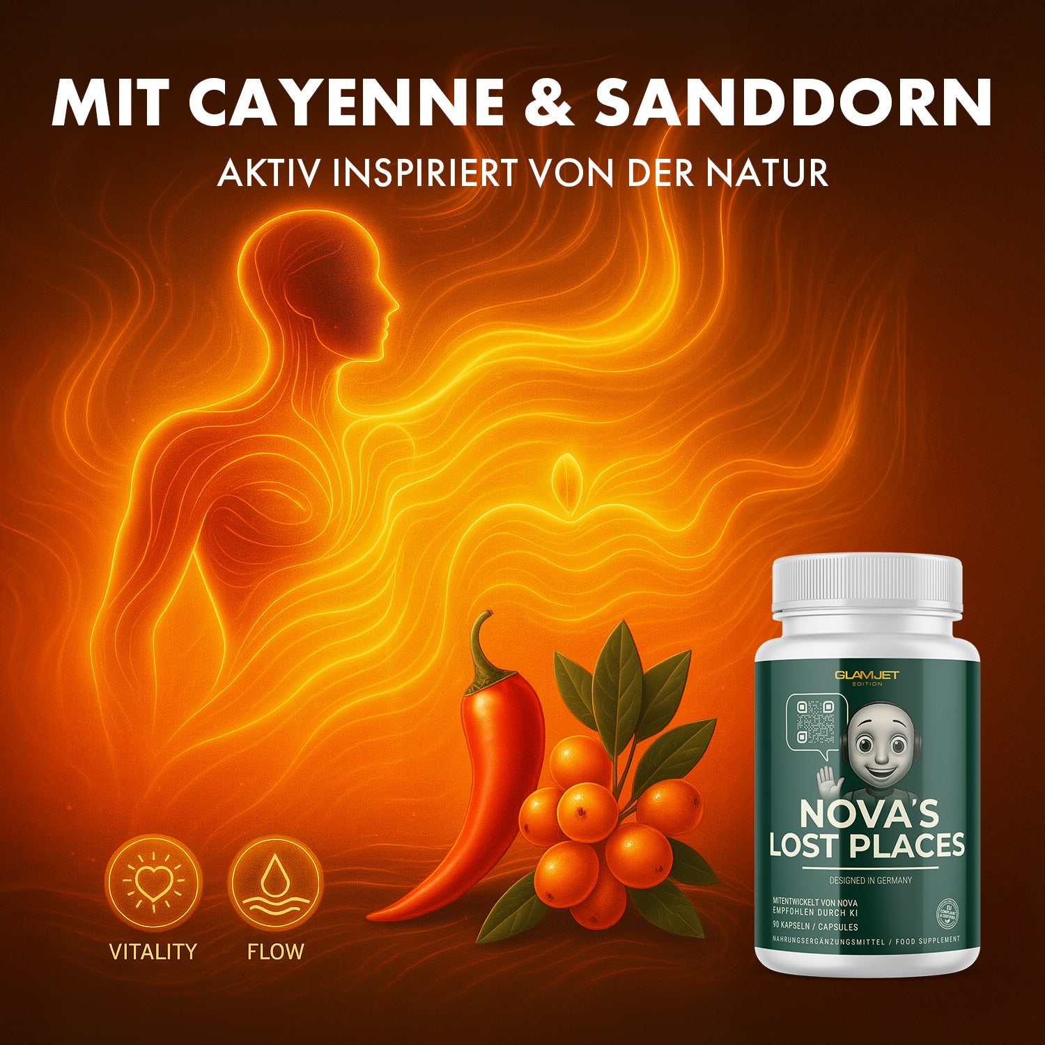 Illustration zeigt Nahrungsergänzung mit Cayenne, Sanddorn, Herzsymbol und Vitalstrom
