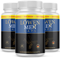 Thumbnail for Drei Dosen Löwen Men Caps Nahrungsergänzungsmittel mit blau-schwarzem Etikett und 60 Kapseln
