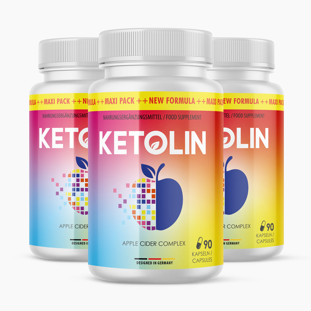 Vorderseite von drei Dosen mit Farbverlauf, Apfelmotiv und Angabe 90 Kapseln pro Dose