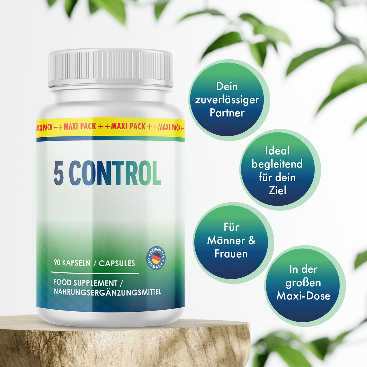 5 Control mit 90 Kapseln; daneben sichtbare Werbeaussagen zu Nutzung, Ziel und großer Maxi-Dose