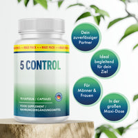 Thumbnail for 5 Control mit 90 Kapseln; daneben sichtbare Werbeaussagen zu Nutzung, Ziel und großer Maxi-Dose