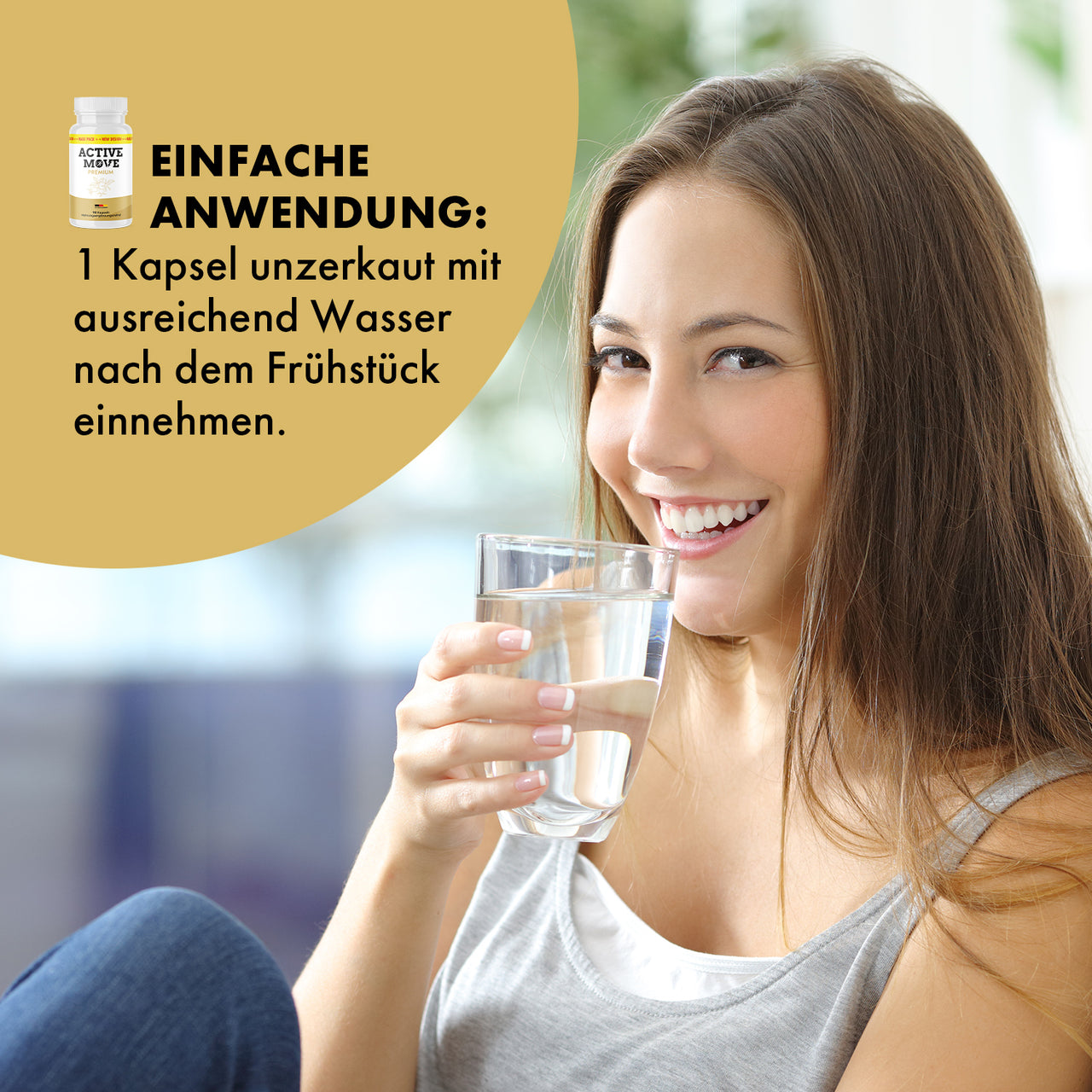 Frau hält Glas Wasser neben Active Move Premium Dose und Anwendungstext zu 1 Kapsel