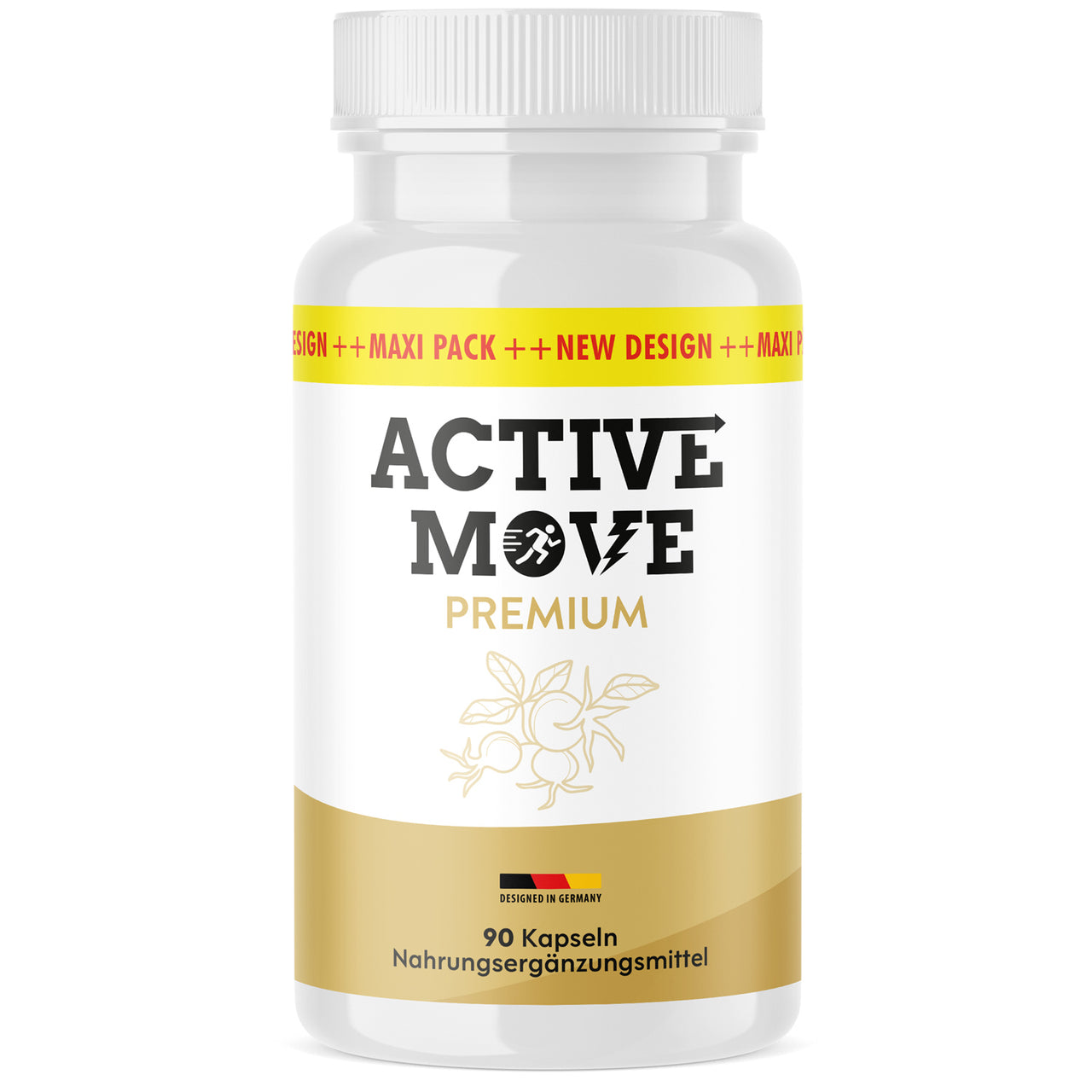 Weiße Kunststoffdose Active Move Premium mit 90 Kapseln und goldfarbenem Etikett