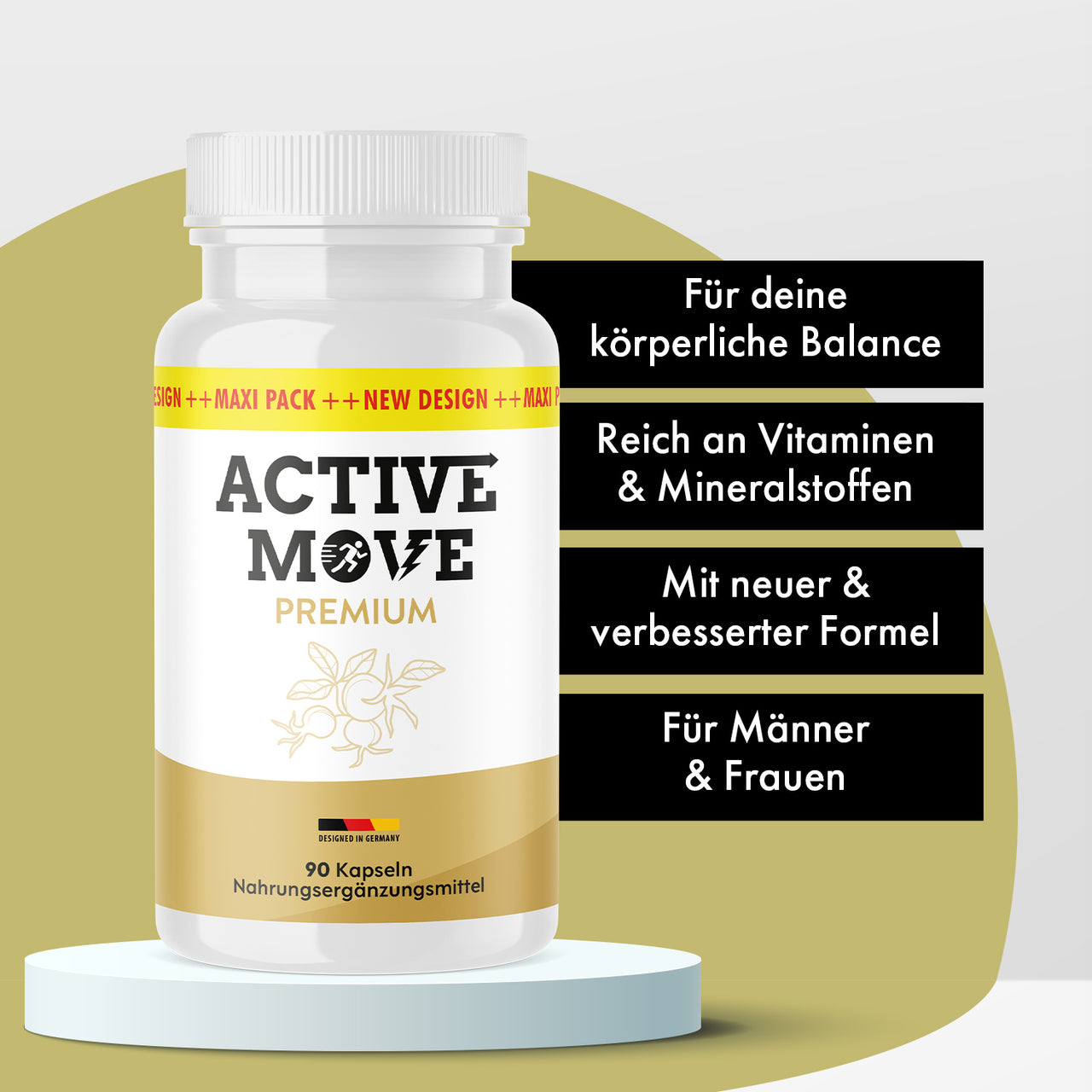 Weiße Dose Active Move Premium mit 90 Kapseln und schwarzen Hinweisfeldern
