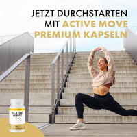 Thumbnail for Active Move Premium Kapseln neben sportlicher Frau auf Treppe mit großem Schriftzug