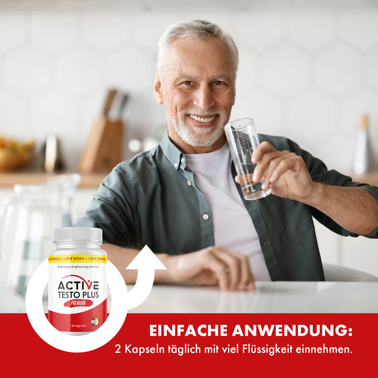 Active Testo Plus dose next to an older man holding a glass of water, with dosage instructions below.