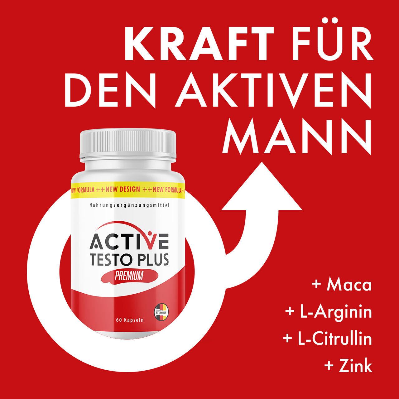 Active Testo Plus container on a red background with a male symbol and list of ingredients on the right side of the image.