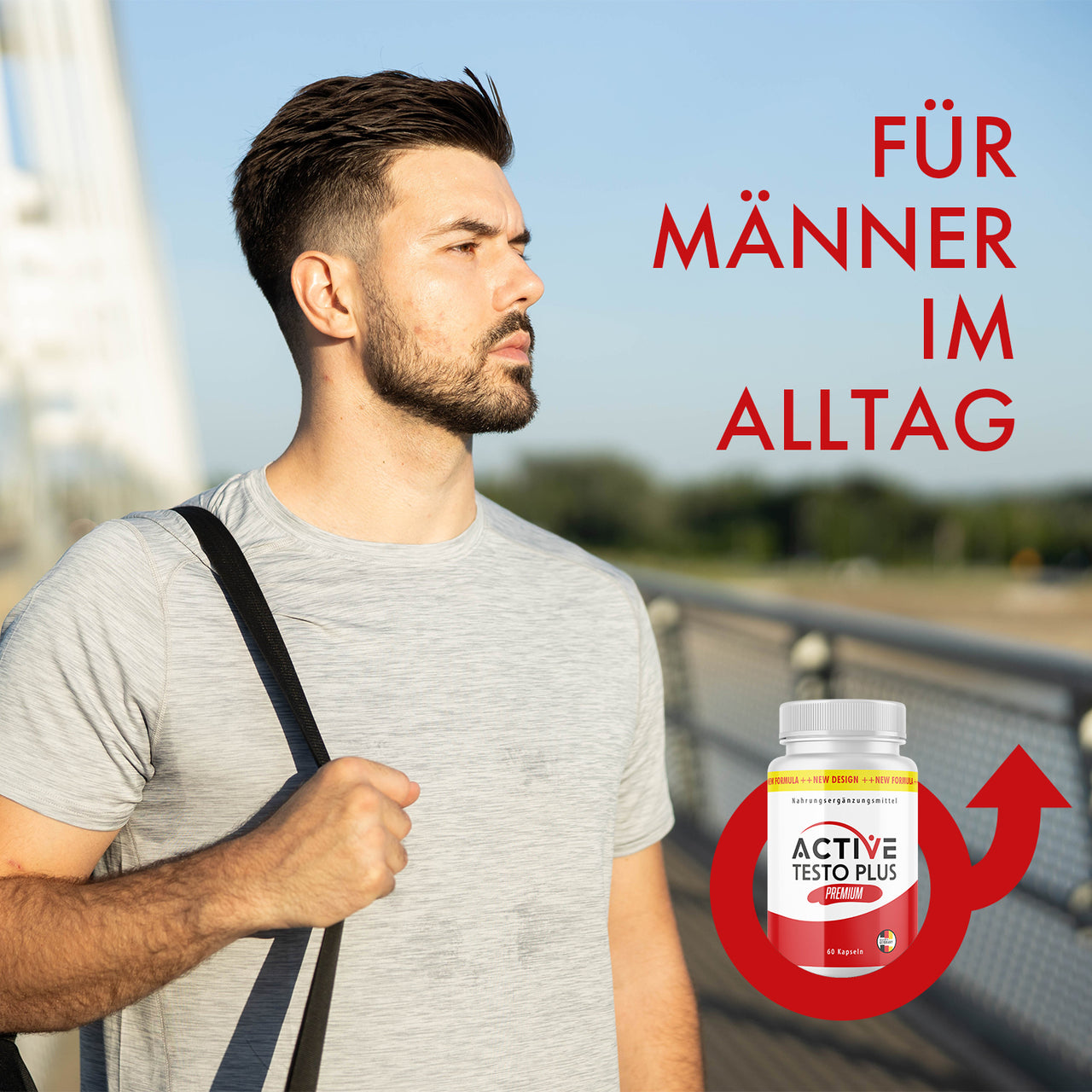 Active Testo Plus container next to man with shoulder strap, red arrow symbol and lettering on the right