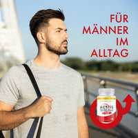 Thumbnail for Active Testo Plus container next to man with shoulder strap, red arrow symbol and lettering on the right
