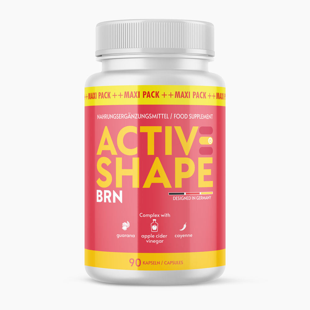 White tin of Activ Shape BRN dietary supplement with red label and 90 capsules