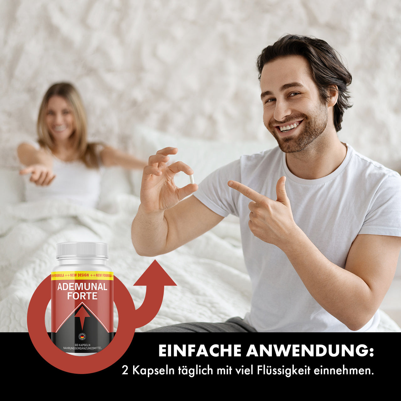 Ademunal Forte Anzeige mit lächelndem Mann im Bett, Produktdose und Anwendungshinweis unten