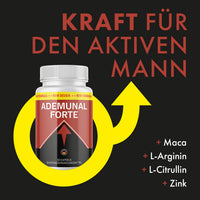 Thumbnail for Ademunal Forte Dose mit Hinweis Kraft für den aktiven Mann, gelbem Pfeil und Zutatenliste rechts