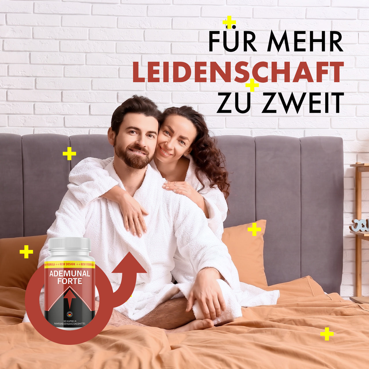 Paar in Bademänteln auf Bett neben Ademunal Forte Dose und Slogan für mehr Leidenschaft zu zweit