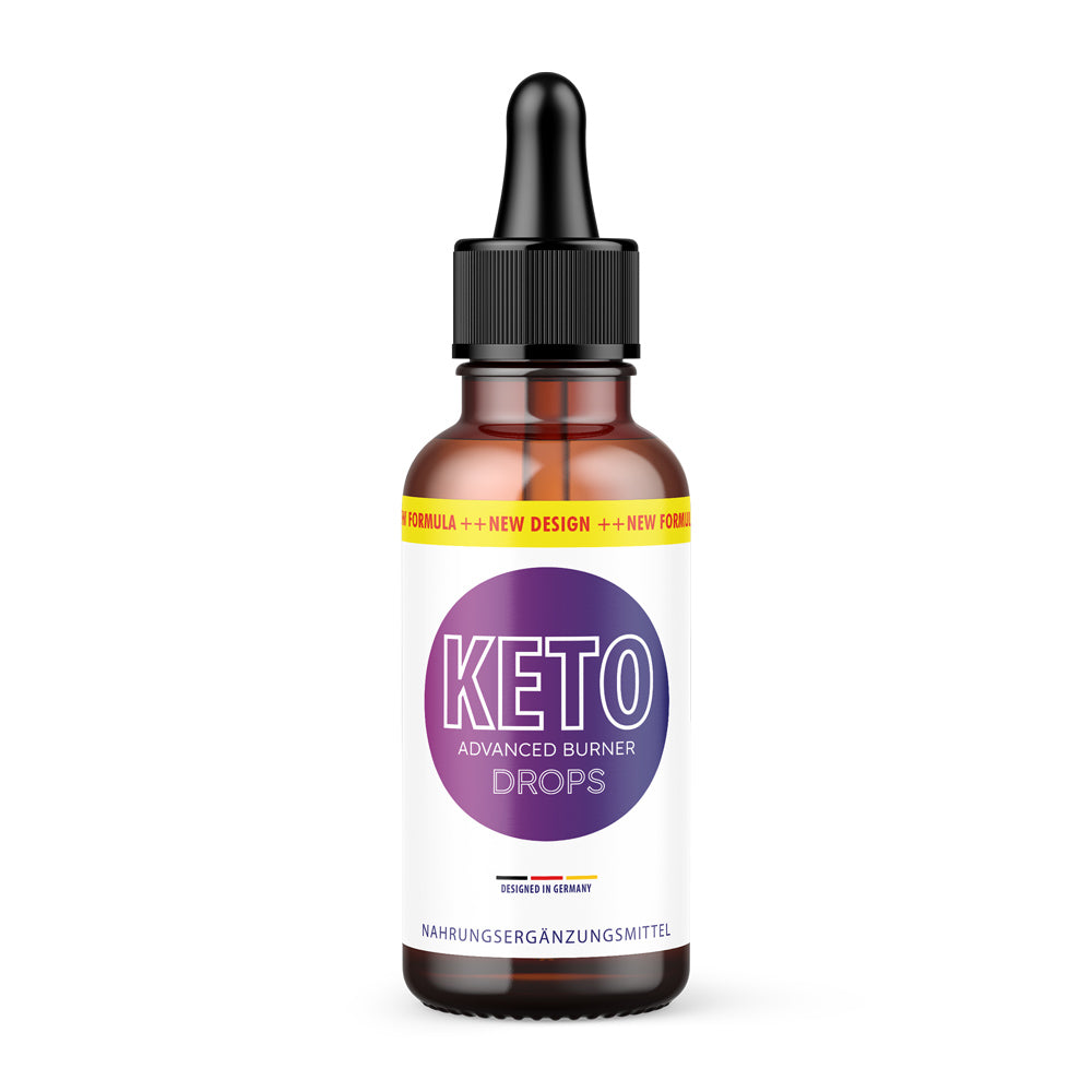 Keto Advanced Burner Drops in brauner Flasche mit schwarzer Pipette und weißem Etikett