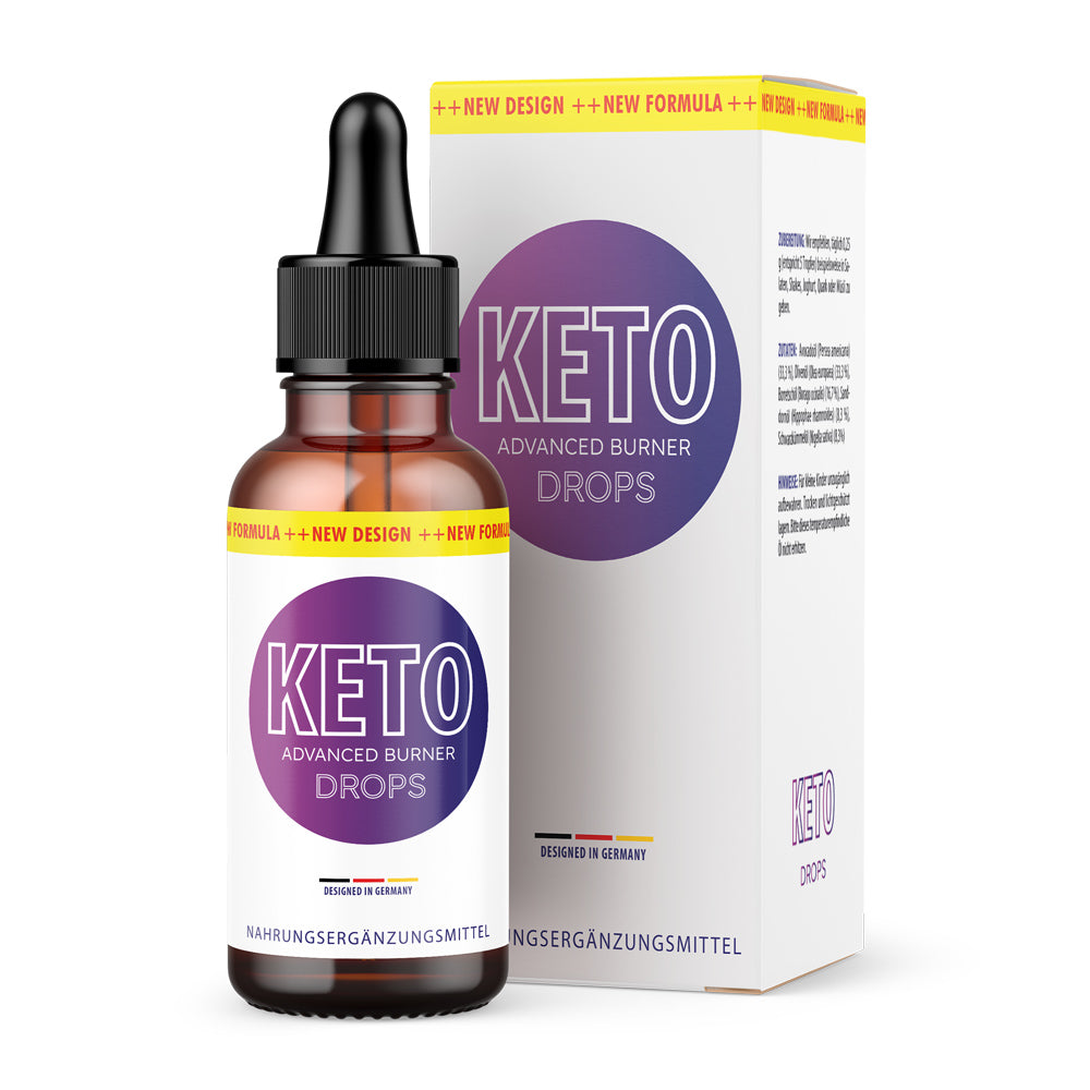 Braune Flasche mit Pipette und Etikett Keto Advanced Burner Drops vor passender Faltschachtel