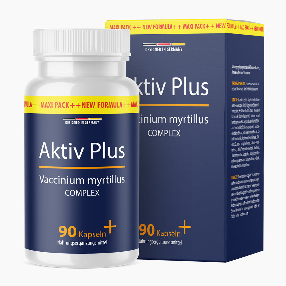 Kunststoffdose mit dunkelblauem Etikett Aktiv Plus Vaccinium myrtillus Complex, 90 Kapseln vor Faltschachtel
