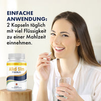 Thumbnail for Frau hält Kapseln und Wasserglas neben Dose Alka Slm Premium, Einnahmehinweis: 2 Kapseln täglich
