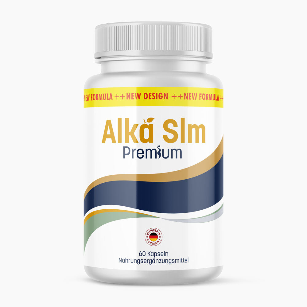 Dose Alka Slm Premium mit weiß-blauem Etikett, 60 Kapseln und Hinweis Nahrungsergänzungsmittel