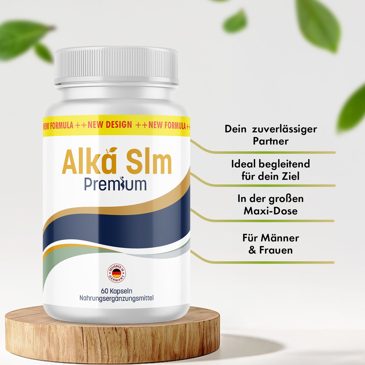 Dose Alka Slm Premium auf Holzpodest mit vier sichtbaren Produktmerkmalen für Männer und Frauen