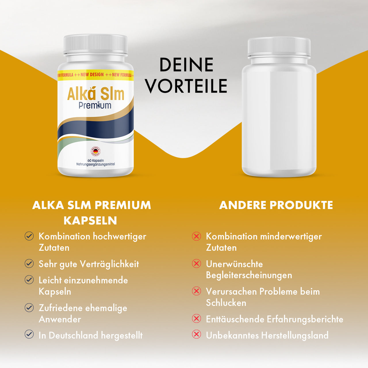 Vergleichsgrafik mit Alka Slm Premium und anderen Produkten sowie Vorteilen und Nachteilen
