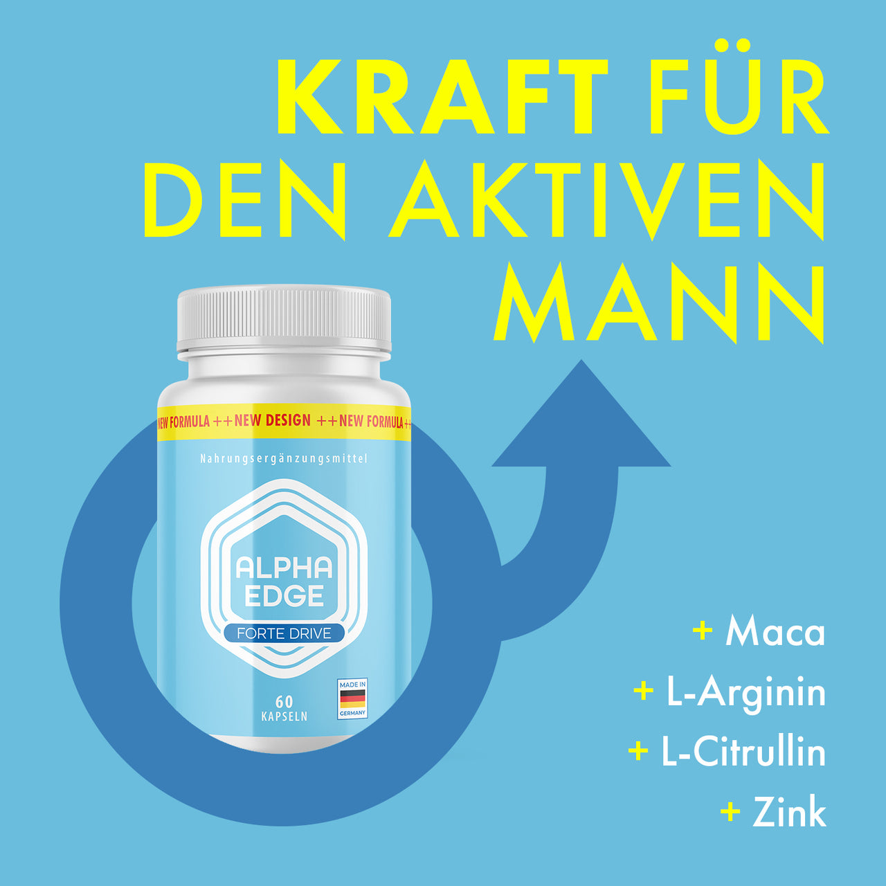 Hellblaue Kunststoffdose Alpha Edge Forte Drive mit 60 Kapseln und Schrift Kraft für den aktiven Mann
