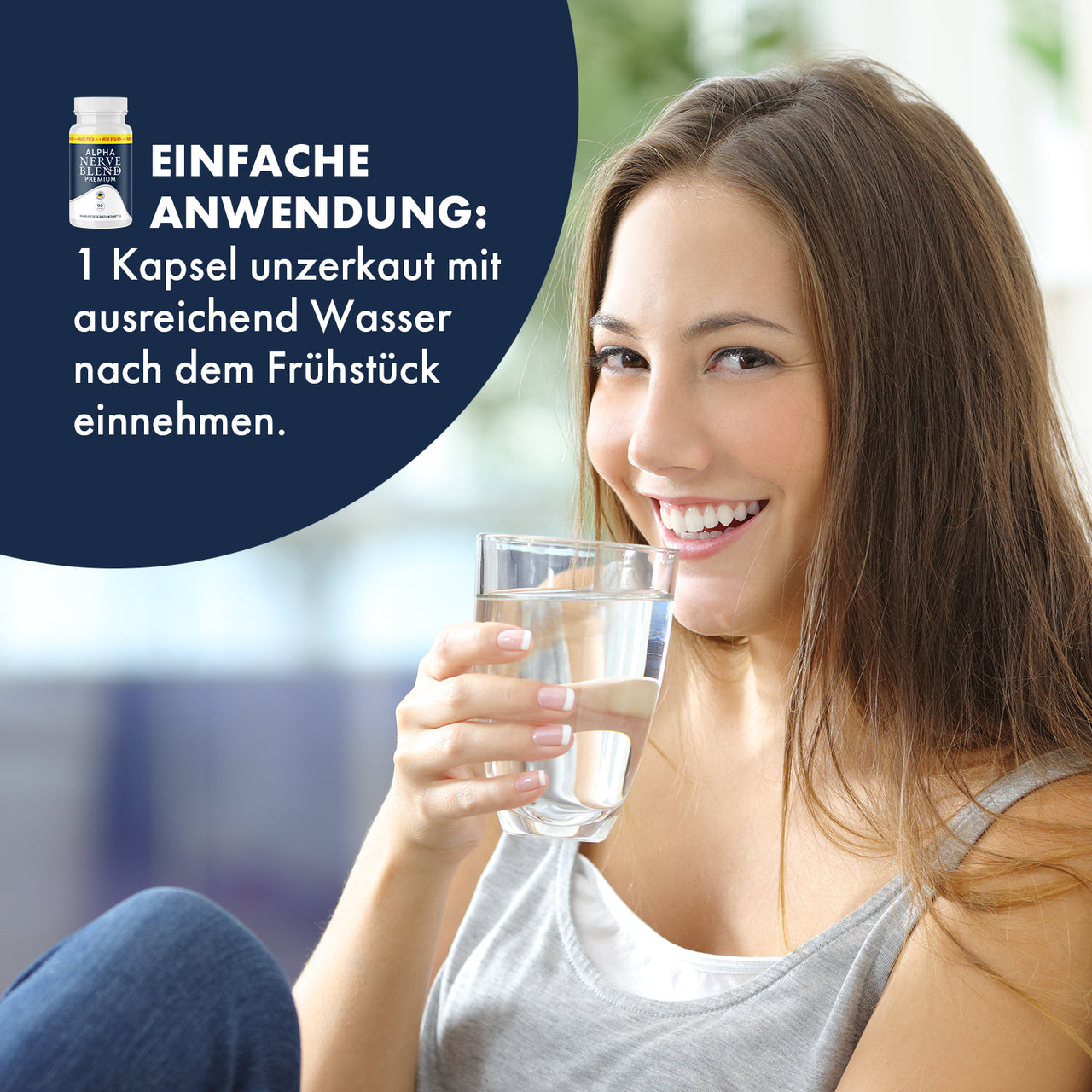 Alpha Nerve Blend Premium mit Frau, Wasserglas und sichtbarem Einnahmehinweis zu einer Kapsel