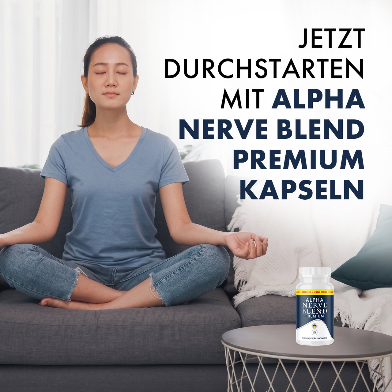 Alpha Nerve Blend Premium Dose auf Tisch neben einer Frau mit geschlossenen Augen im Schneidersitz