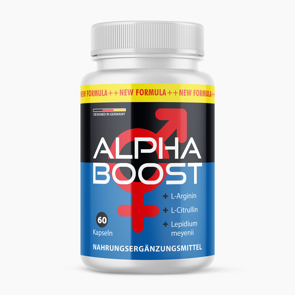 Weiße Kunststoffdose mit schwarzem und blauem Etikett Alpha Boost 60 Kapseln und roten Symbolen