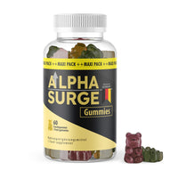 Thumbnail for Kunststoffdose mit schwarzem Etikett Alpha Surge Gummies, 60 Fruchtgummis und sichtbaren Gummibärchen daneben