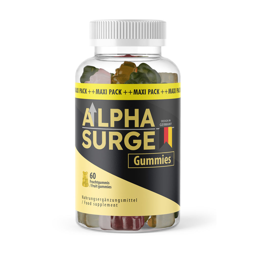Kunststoffdose mit schwarzem Etikett Alpha Surge Gummies und 60 Fruchtgummis