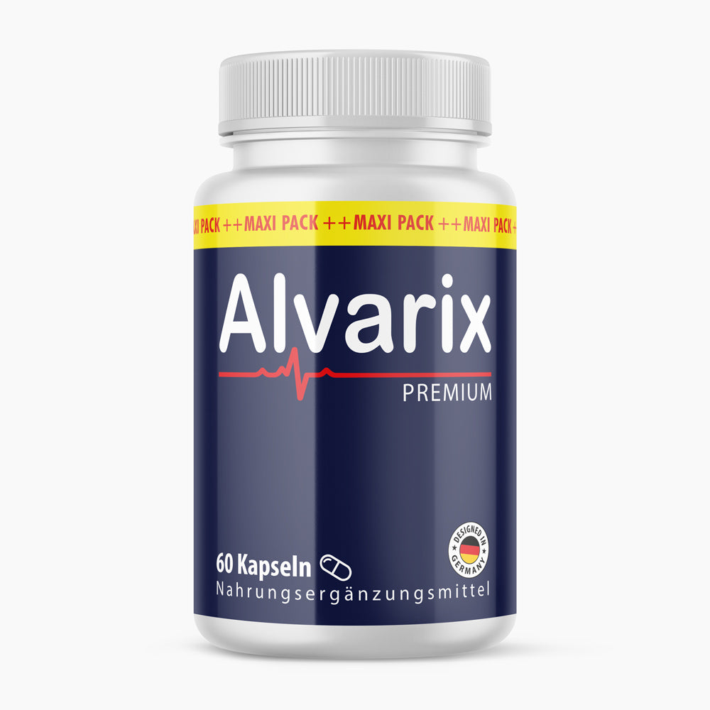 Dose mit dunkelblauem Etikett, weißer Schrift Alvarix Premium und rotem Herzlinienmotiv, 60 Kapseln