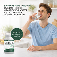 Thumbnail for AMINO 8 can and man drinking, text: Application: 5 tablets daily with water