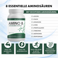 Thumbnail for AMINO 8 can and man drinking, text: Application: 5 tablets daily with water