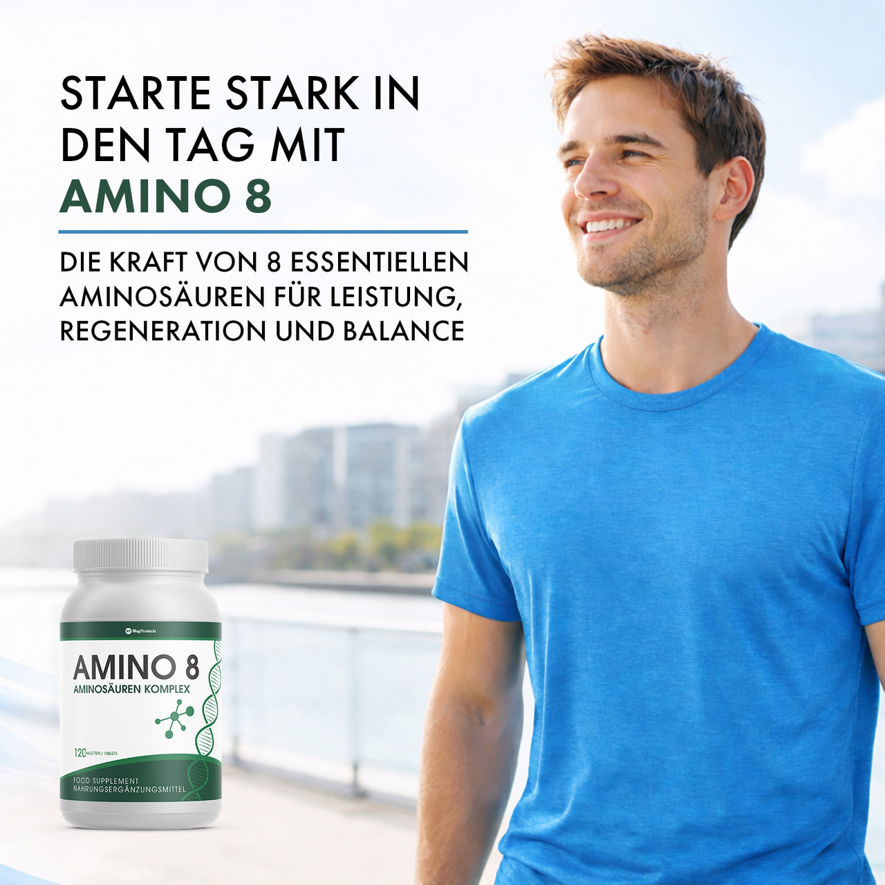 Man in a blue t-shirt next to an AMINO 8 can with text about amino acid complex