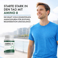 Thumbnail for man in blue t-shirt next to AMINO 8 can with text about amino acid complex