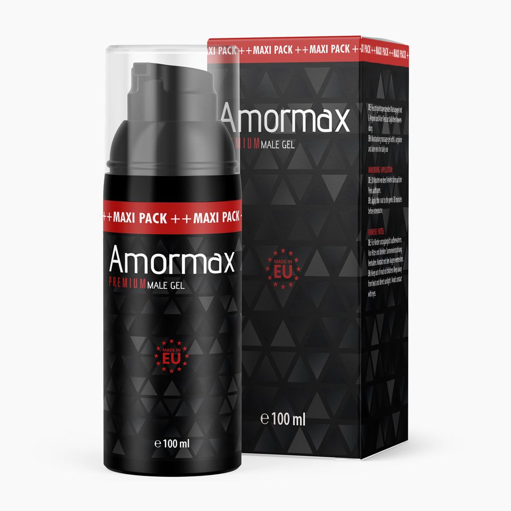 Schwarze Flasche mit Pumpspender Amormax Premium Male Gel 100 ml vor passender Faltschachtel