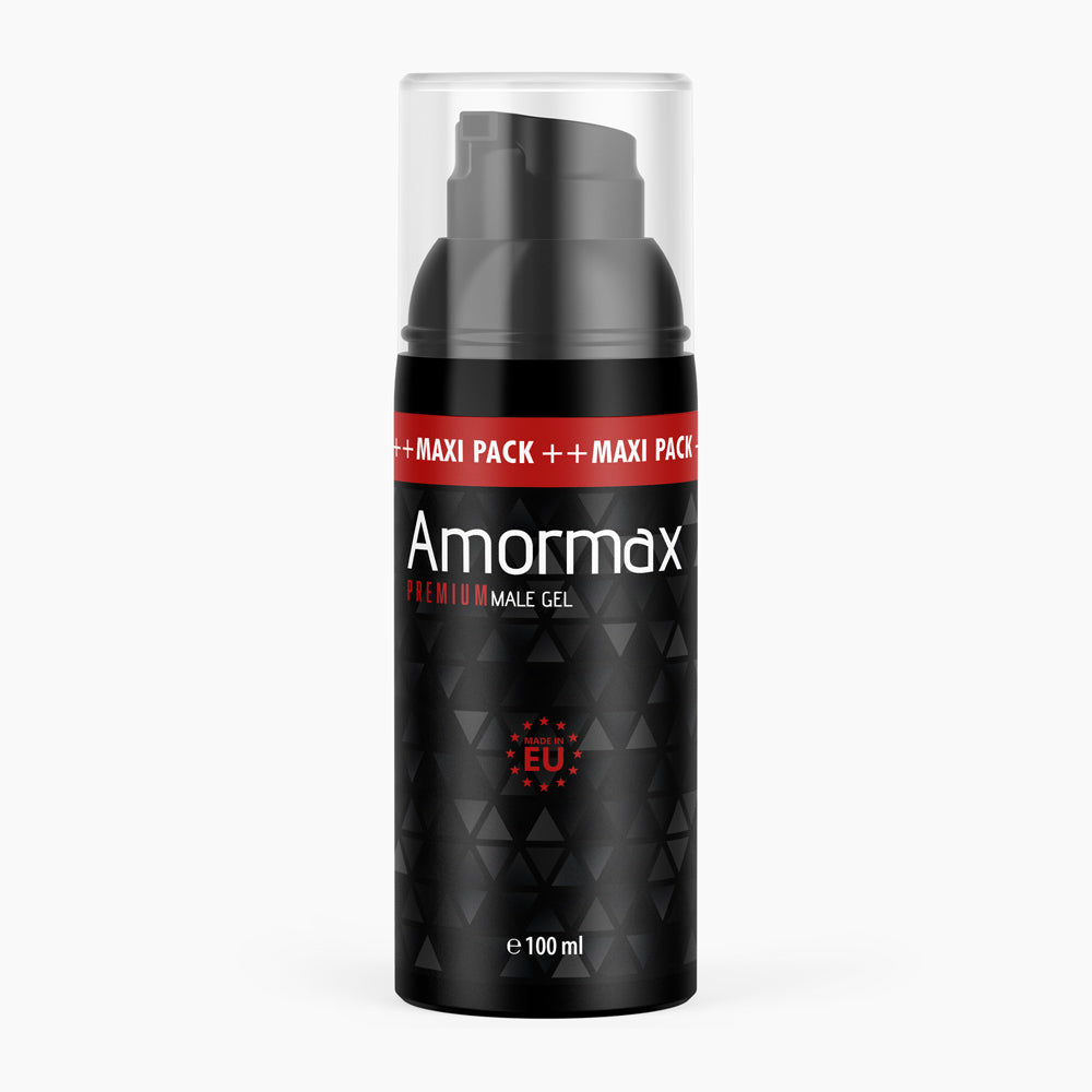 Schwarze Flasche mit Pumpspender und Schrift Amormax Premium Male Gel 100 ml