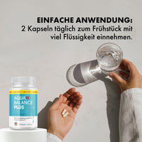 Thumbnail for Text Einfache Anwendung 2 Kapseln täglich zum Frühstück mit viel Flüssigkeit einnehmen, Dose Aqua Balance Plus