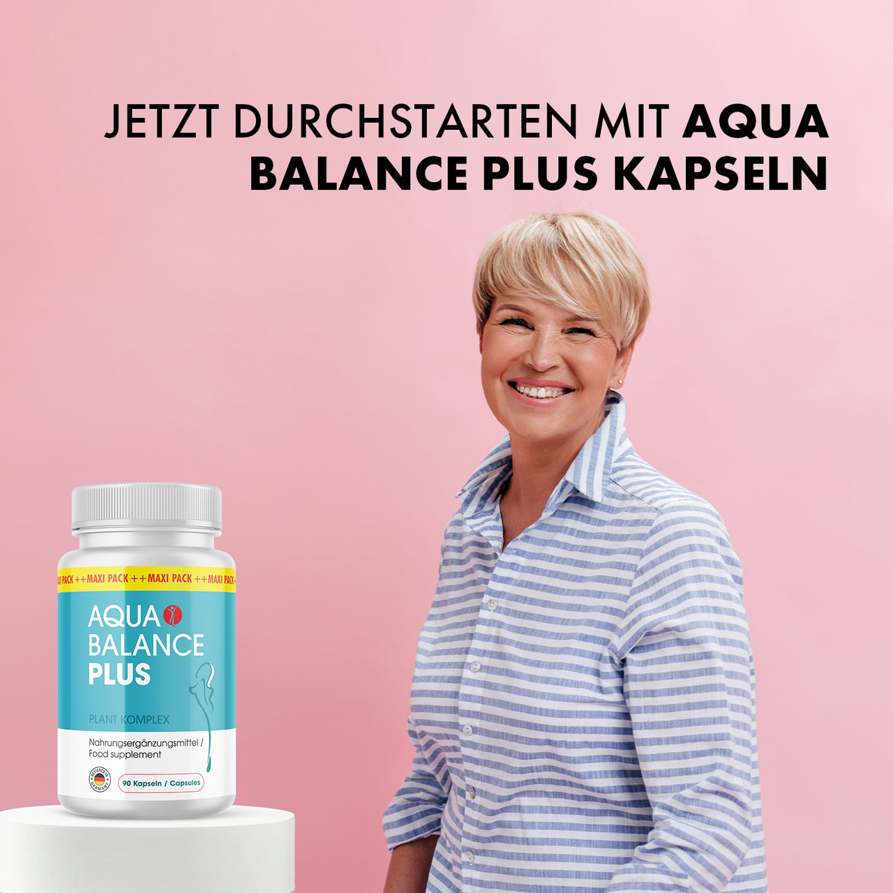 Lächelnde Frau vor rosa Hintergrund, Dose Aqua Balance Plus, Text Jetzt Durchstarten mit Aqua Balance Plus Kapseln