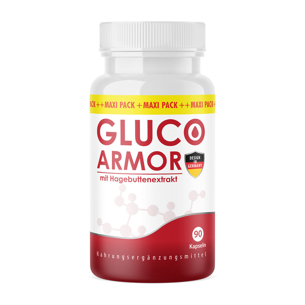 Weiße Kunststoffdose mit rotem Etikett und Schrift Gluco Armor mit Hagebuttenextrakt, 90 Kapseln
