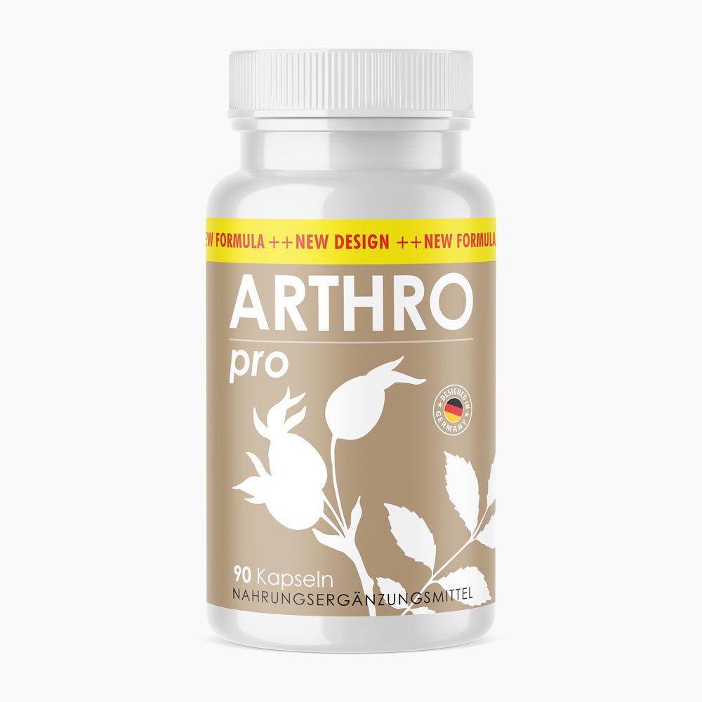 Dose mit braunem Etikett und weißer Schrift Arthro pro, 90 Kapseln und Blättermotiv
