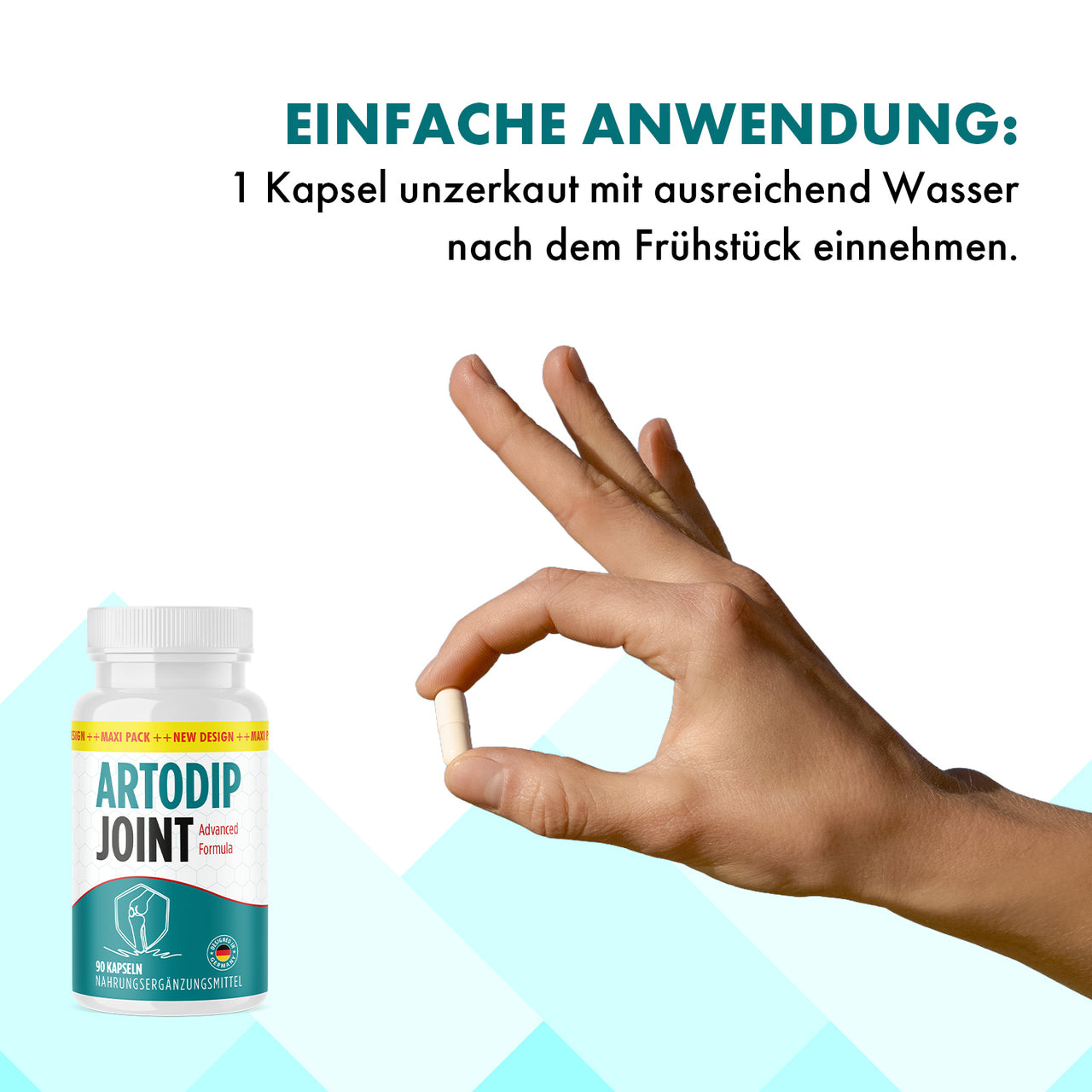 Hand hält Kapsel daneben Artodip Joint Dose und Text einfache Anwendung