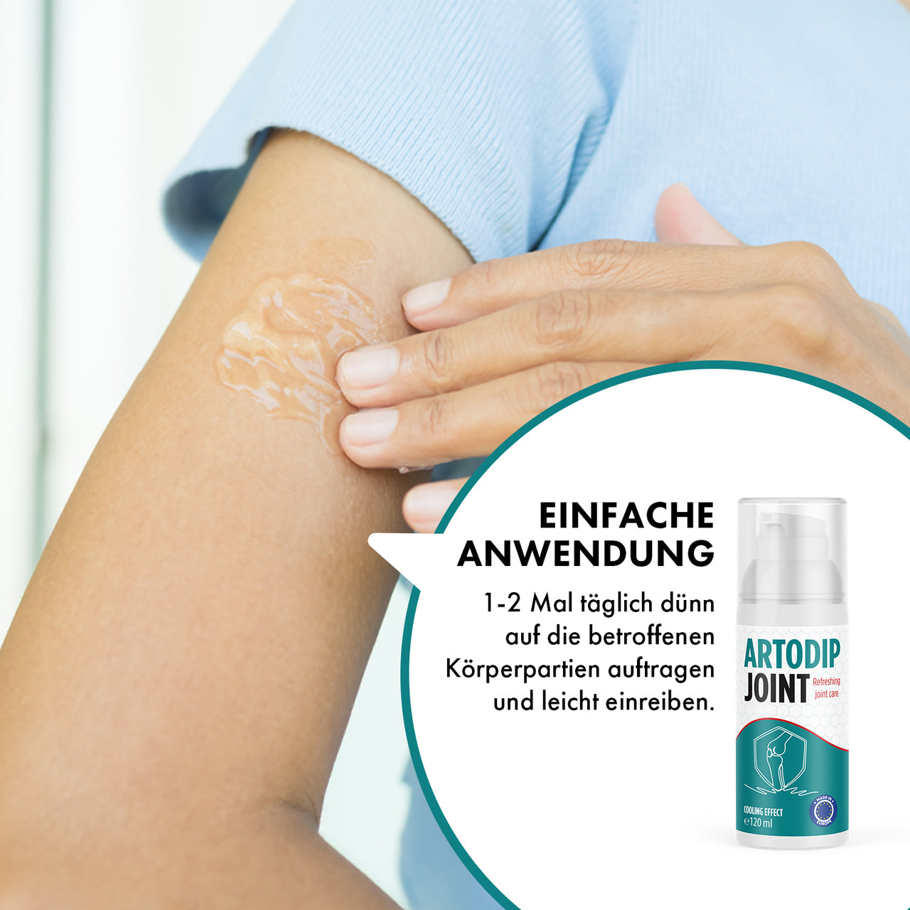 Hand trägt Gel auf Arm auf Hinweis einfache Anwendung und Artodip Joint Flasche